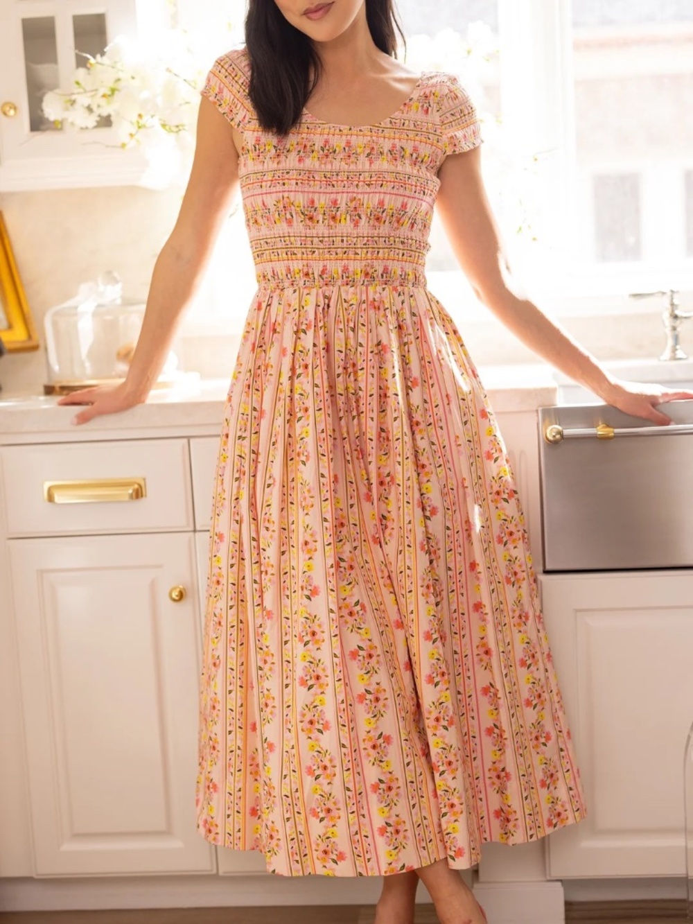 Marlow Cap Sleeve Dress in Peach Handpainted Flora Stripe 2X EUC